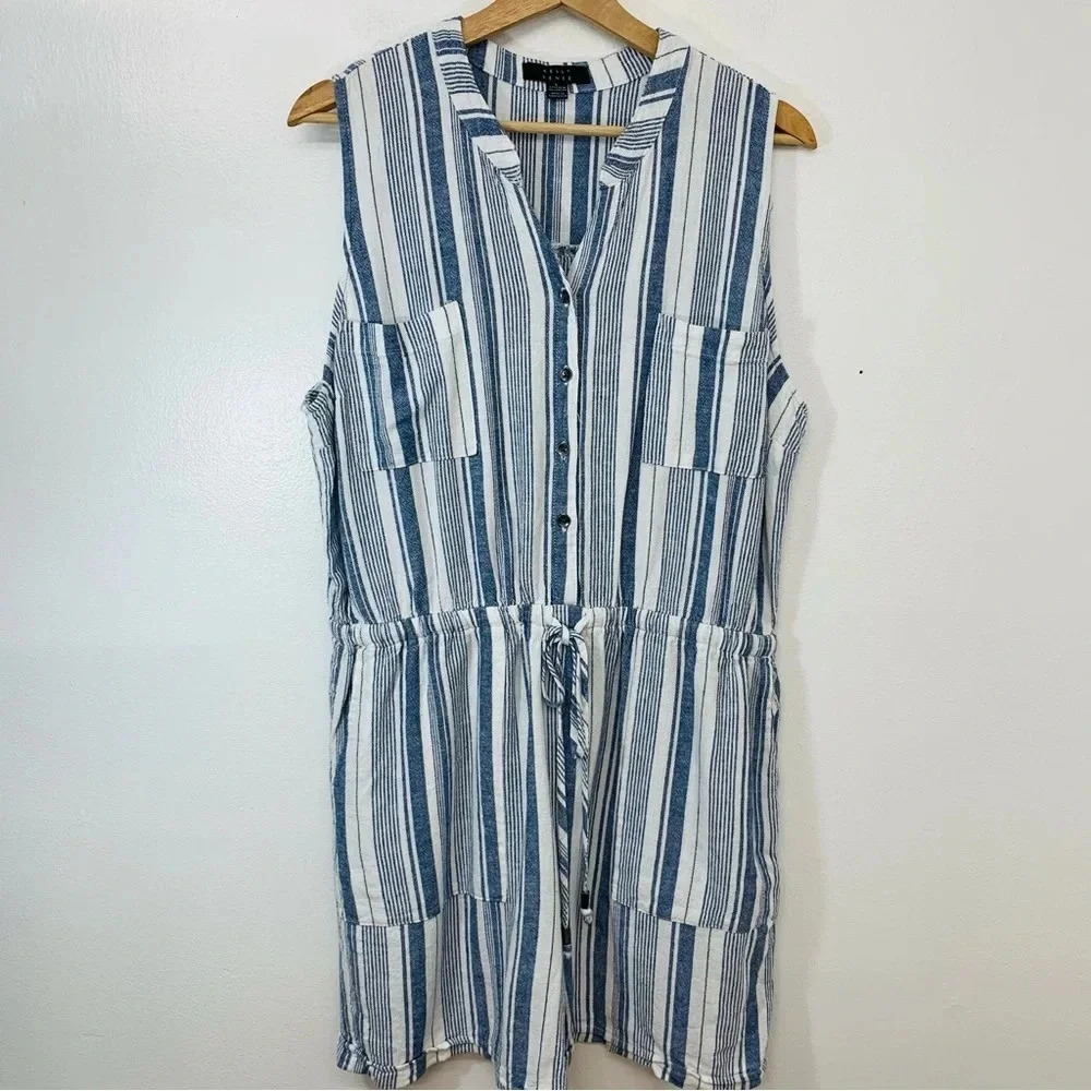 Kelly Renee Romper Large  Linen Rayon Blue‎ White Stripe Pockets